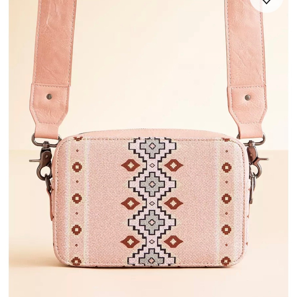 Wrangler Crossbody Bag Women  Pink Aztec Canvas PU Leather Western Organizer New - Picture 4 of 8
